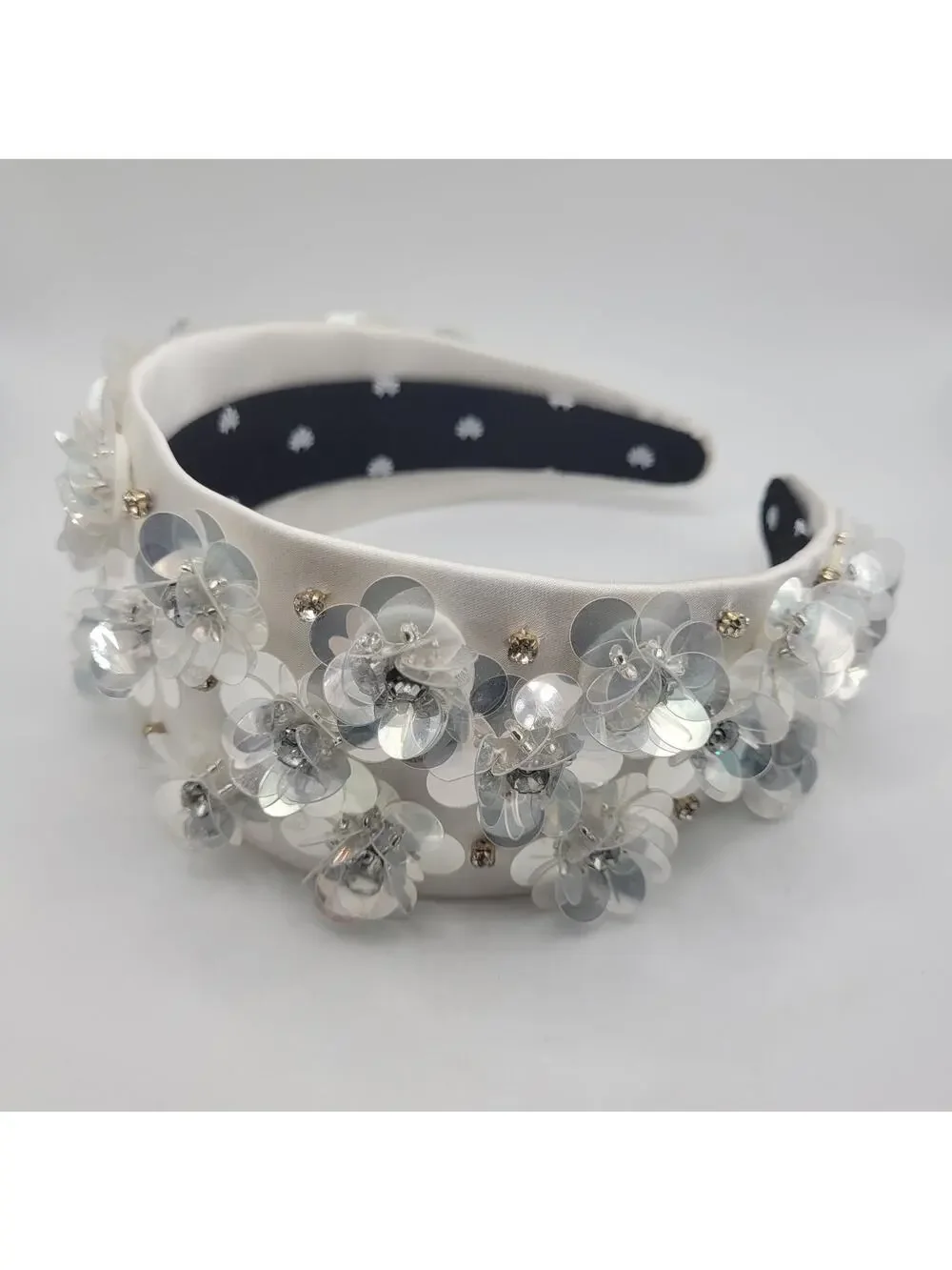 Lele Sadoughi Headband Brigitte Paillette Floral Crystal Wide Dove White NEW
